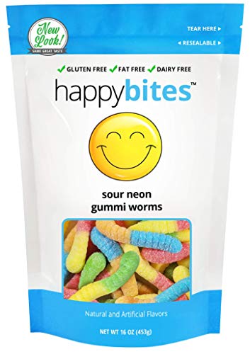 Product Cover Happy Bites Sour Neon Gummi Worms - Gluten Free, Fat Free, Dairy Free - Resealable Pouch (1 Pound)