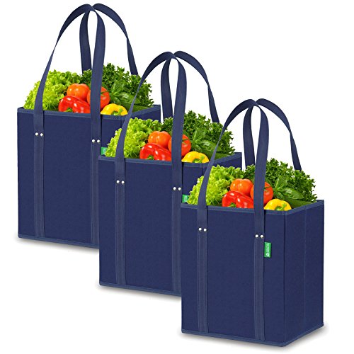 Product Cover Reusable Grocery Shopping Box Bags (3 Pack - Blue). Handy, Premium Quality, Heavy Duty Tote Set with Extra Long Handles & Reinforced Bottom. Foldable, Collapsible, Durable and Eco Friendly