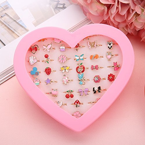 Product Cover Fineder 36pcs Children Kids Little Girl Gift, Jewelry Adjustable Rings in Box, Girl Pretend Play and Dress up Rings,Random Shape and Color, Little Girls Gift