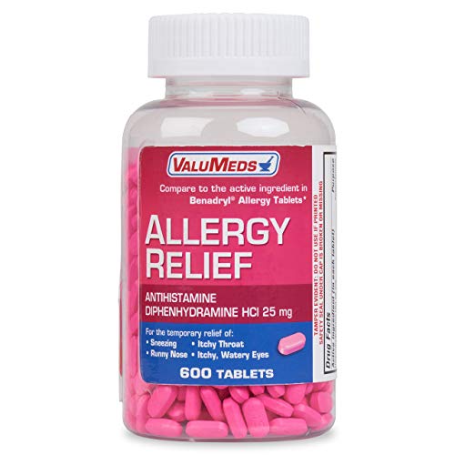 Product Cover ValuMeds Allergy Medicine (600 Tablets) Antihistamine, Diphenhydramine HCl 25 mg | Children and Adults | Relieve Itchy Eyes, Runny Nose, Sneezing
