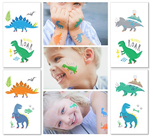 Product Cover Hugo & Emmy Dinosaur Temporary Tattoos for Kids - 12 Sheets/ 24 Tattoos | Dinosaur Party Favors, Birthday Party Supplies, T-Rex Decorations
