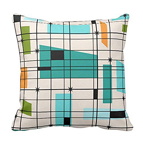 Product Cover Emvency Throw Pillow Cover Teal Mid Retro Grid and Orange Century Decorative Pillow Case Home Decor Square 18 x 18 Inch Pillowcase