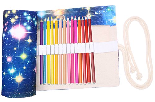 Product Cover Coideal Canvas Pencil Wrap Roll Up Case Colored Pen Pencil Holder 36 Slots for Kids and Adults, Travel Drawing Coloring Pencils Roll Up Pouch Bag Organizer for Artist (Star Universe)