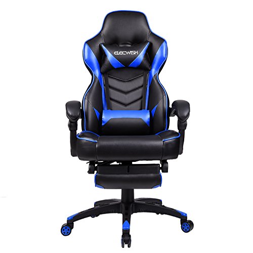 Product Cover ELECWISH Ergonomic Computer Gaming Chair, PU Leather High Back Office Racing Chairs with Widen Thicken Seat and Retractable Footrest and Lumbar Support, Large, Blue