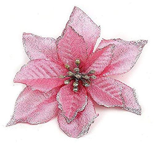 Product Cover Zabrina 12 Pcs 5.11 in Christmas Tree Decorative Silk Flower Gold Poinsettia Bush and Red Poinsettia Bush Artificial Flowers Red Glitter Poinsettia Christmas Tree Ornaments (Pink)