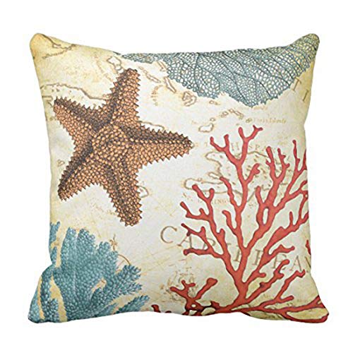 Product Cover Emvency Throw Pillow Cover Map Fish Colorful Caribbean Starfish and Coral Ocean Decorative Pillow Case Home Decor Square 20 x 20 Inch Pillowcase