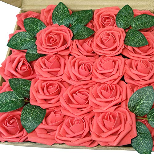 Product Cover J-Rijzen Jing-Rise Artificial Roses 50pcs Real Touch Coral Flowers with Stem for Baby Shower Floral Bridal Shower Centerpieces DIY Wedding Bouquet Home Decorations (Coral)