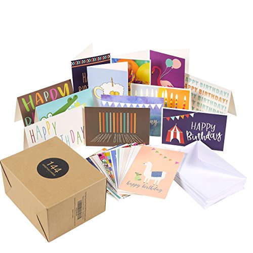 Product Cover 144-Pack Happy Birthday Cards Bulk Assortment, 36 Unique Assorted Designs, Blank Inside with Envelopes, for Workplace Employees Men Women Kids Parent