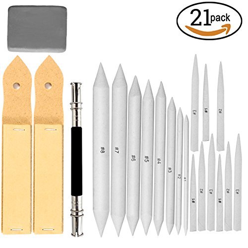 Product Cover 17 Pcs Blending Stumps and Tortillions Set with 2Pcs Sketch Sandpaper Pencil Sharpener Pointer and one Pencil Extension Tool Drawing Art Kneaded Eraser for Student Sketch Drawing Set by VENCINK