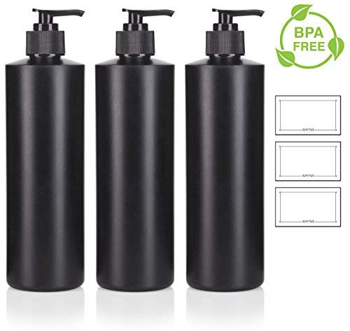 Product Cover 16 oz Black Refillable Plastic (BPA Free) Squeeze Bottle with Lotion Pump Dispenser - (3 Pack) + Labels