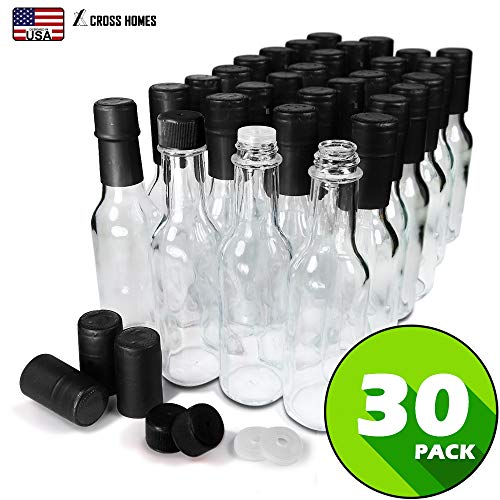 Product Cover Hot Sauce Woozy Bottles Empty 5 Oz Complete Sets of Premium Commercial Grade Clear Glass Dasher Bottle with Shrink Capsule, Leak Proof Screw Cap, Snap On Orifice Reducer Dripper Insert (Black 30 Sets)