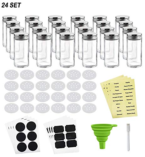 Product Cover Nellam French Round Glass Spice Jars - Set of 24 with Shaker Lids and Chalkboard Sticker Labels, Small 4oz Bottles - Stackable Herbs and Spices Containers - Decorative Organizers in Silver
