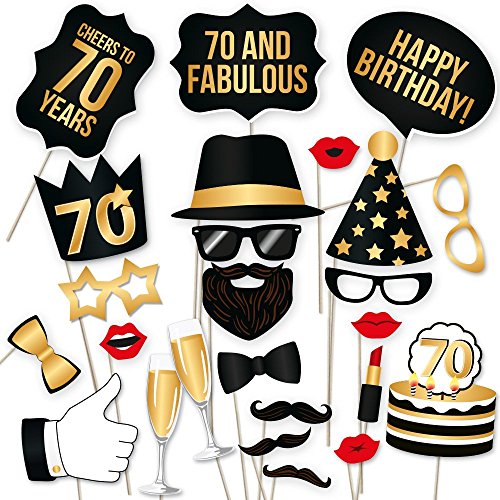 Product Cover 70th Birthday Props by PartyGraphix, Perfect for 70th Birthday Photo Booth, Durable (Gold and Black, 34 Pieces)