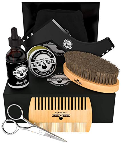 Product Cover Beard Kit 6-in-1 Grooming Tool | Best Mustache & Beard Care Set For Men | Natural Balm, Unscented Oil, Boar Bristle Brush, Wood Comb, Trimming Scissors, Shaper Template | Great Christmas Gift