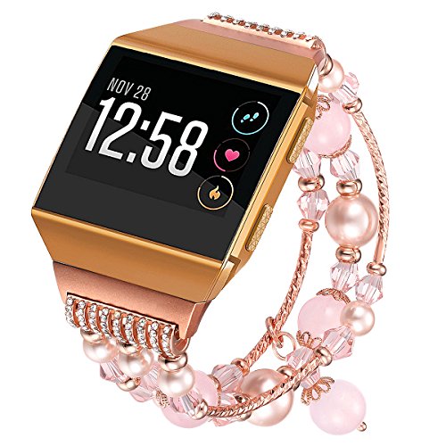 Product Cover fastgo Compatible for Fitbit Ionic Watch Bands, Handmade Artificial Agate Feminine Elastic Bracelet Band for Women and Girls(Pink)