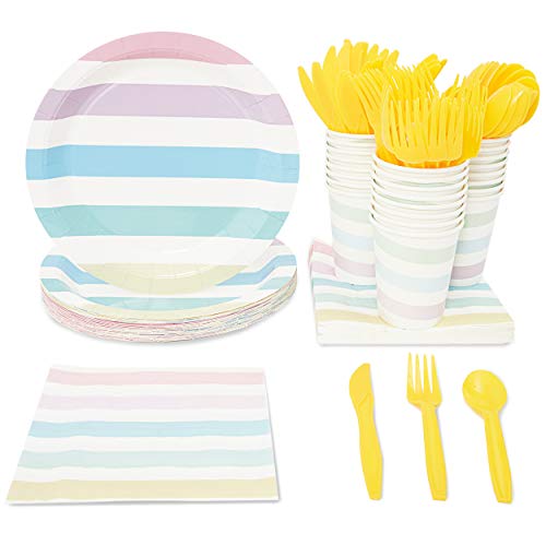 Product Cover Blue Panda Pastel Stripes Party Supplies for Birthday, Baby Shower, and Girls Parties - Plates, Knives, Spoons, Forks, Napkins, and Cups, Serves 24