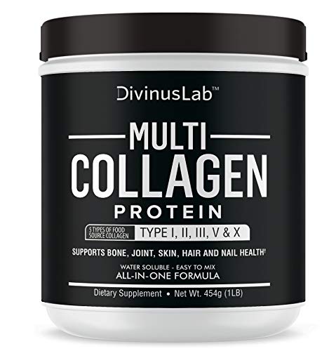 Product Cover DivinusLab Multi Collagen Protein Powder: Nutritional Supplement for Strong Muscles, Tendons & Healthy Skin, 5 Types I, II, III, V & X Collagen Peptides from Beef, Chicken, Fish & Eggshell. 1LB