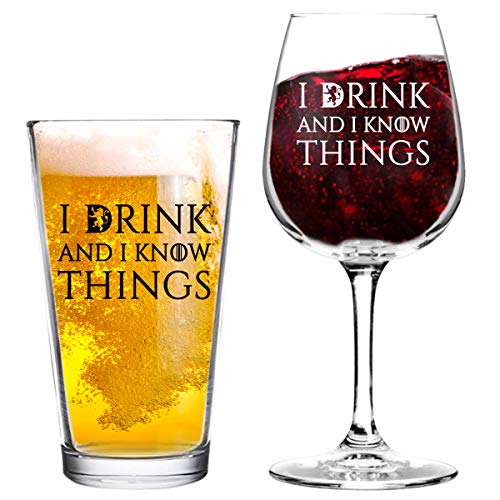 Product Cover I Drink And I Know Things Beer and Wine Glass Set- Cool Present Idea for Bridal Shower, Wedding, Engagement, Anniversary and Couples - Him, Her, Mr. Mrs. Mom Dad