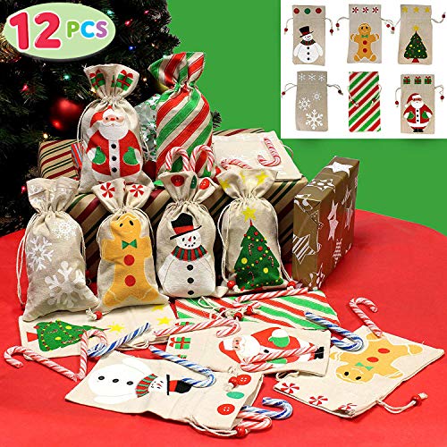 Product Cover JOYIN 12 Pack of Christmas Canvas Holiday Gift Drawstring Bags Random Assortment for Christmas Party Favors, Treats, Santa Sack Sticking Bags, Christmas Draw String Goodie Bags, Party Favors