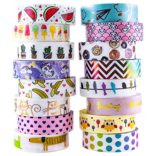 Product Cover Aloha Washi Tape Set 16 Rolls of Decorative Masking Tape for Bullet Journals, Day Planners, Gift Wrapping and DIY Scrapbooking