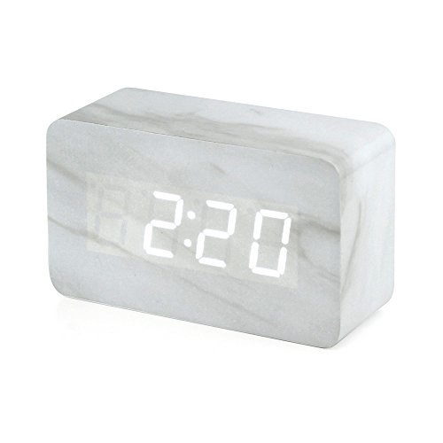 Product Cover Oct17 Marble Pattern Alarm Clock, Fashion Multi-Function LED Alarm Clocks Stone Cube with USB Power Supply, Voice Control, Timer, Thermometer - White