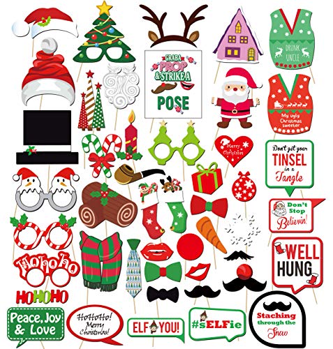 Product Cover Christmas Photo Booth Props Kit(47Pcs), Konsait DIY Ugly Christmas Sweater Photo Booth Stick Funny Xmas Props Accessories for Adults Kids for Christmas Theme Party Favors Decorations Decor Supplies