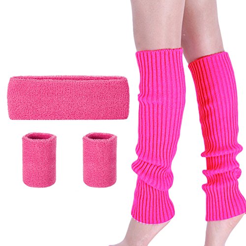 Product Cover Leg Warmers Set - Women 80s Pink knitted leg warmers Running Headband Wristbands Warmers 80s Theme Party Accessories