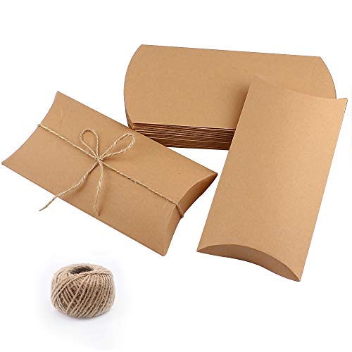 Product Cover CEWOR 50pcs 6.3×3.7 Inches Kraft Pillow Box with 100 Feet Jute Twines, Large Size Candy Favor Paper Boxes for Wedding Party
