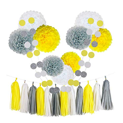 Product Cover CHOTIKA 23pcs Tissue Paper Flowers Pom Poms Party Decorations Tassel Garland for Baby Sunshine Birthday Party Supplies Bridal Shower Wedding Decorative Decor 100% Premium Paper (Yellow, White, Grey)