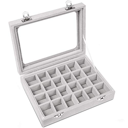 Product Cover Pasutewel Velvet Glass Ring Jewellery Display Storage Box Jewelry Holder Storage Organizer Stand (Grey-(24 Grids))
