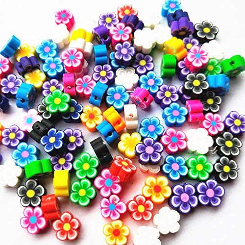 Product Cover Mosheng Accessory 100pcs Mix Assorted Fimo Polymer Clay Beads Findings With Hole Charm Necklace Bracelet Chain Jewelry Making Colorful Beads Diy Craft Supply (Flower)