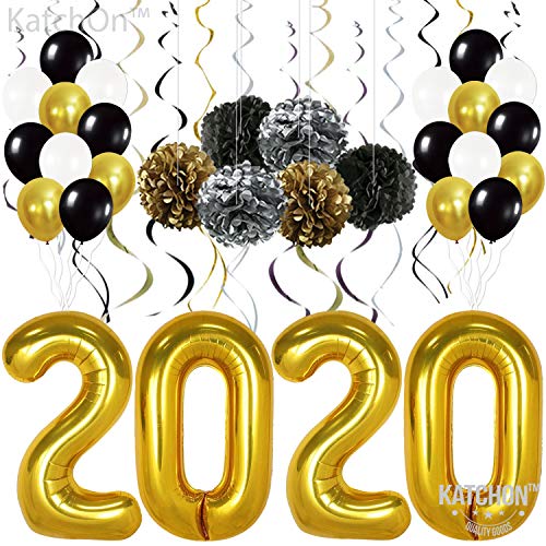 Product Cover New Years Eve Party Supplies - 2020 Balloons Gold, Pack of 49 | Gold Black Silver Hanging Party Swirls, Paper Pom Poms and Balloon | New Years Party Decorations | Graduations Party Supplies 2020