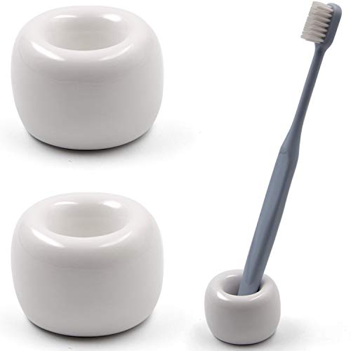 Product Cover Airmoon Mini Ceramics Handmade Couple Toothbrush Holder Stand for Bathroom Vanity Countertops, White, Pack of 2