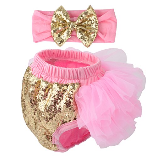Product Cover Slowera Baby Girls 2PCS Sets Cotton Tulle Sequins Diaper Cover Bloomers and Headband