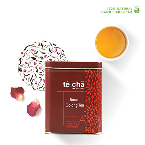 Product Cover Te.Cha Rose Oolong Tea, Loose Leaf Oolong Tea Blended with Roses from France - 50g (25 Cups)