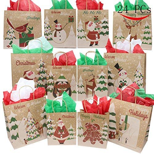 Product Cover JOYIN 24 Christmas Kraft Gift Bags with Assorted Prints for Bags, Goody Xmas School Classrooms and Party Favors by Joiedomi