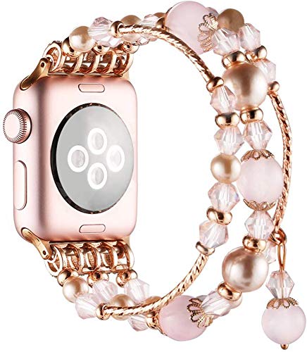 Product Cover Simpeak Band Compatible with Apple Watch 38mm 40mm, Fixed Size 5.7-6.9,Handmade Beaded Elastic Bracelet Replacement for Apple Watch 5/4/3/2, Rose Pink