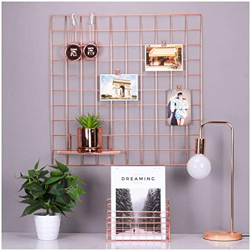 Product Cover Simmer Stone Rose Gold Wall Grid Panel for Photo Hanging Display & Wall Decoration Organizer, Multi-functional Wall Storage Display Grid, 5 Clips & 4 Nails Offered, Set of 1, Size 23.6