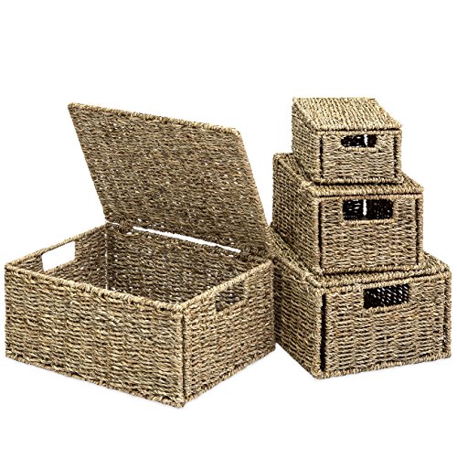 Product Cover Best Choice Products Woven Seagrass Multi-Purpose Storage Box Baskets for Home Decor, Organization w/Lids, Set of 4, Natural
