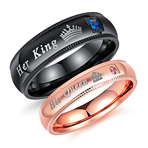 Product Cover Fashion Ahead 2pcs Matching Set Couple Rings His Queen and Her King Stainless Steel Promise Rings Engagement Band Valentine's Day Couples Gifts