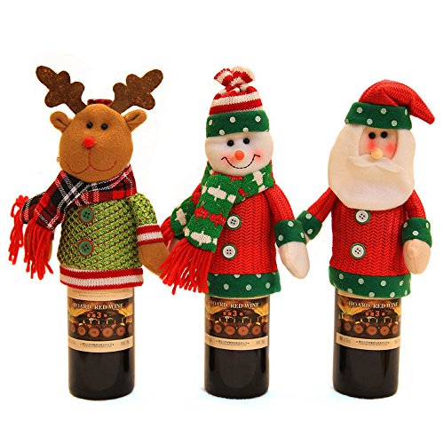 Product Cover 3PCS 3D Christmas Wine Bottle Cover Holiday Décor for Home Party, Wine Bottle Sweater Clothes Santa Snowman Reindeer
