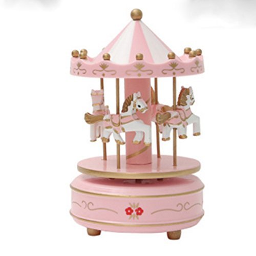 Product Cover Okok Vintage Pink Wooden Merry-Go-Round Horse Christmas Birthday Carousel Music Box, Clockwork Mechanism Laxury Box