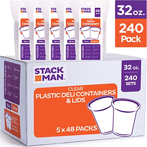 Product Cover Stack Man Plastic Food Storage Deli Containers with Airtight Lids, 32 oz. (Case of 240)