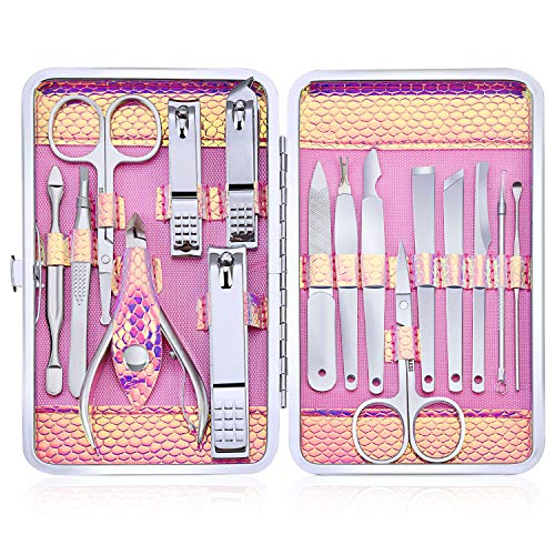 Product Cover Manicure Set Professional Nail Clippers Kit Pedicure Care Tools-Stainless Steel Women Grooming Kit 16Pcs With Pink PU Leather Case for Travel or Home