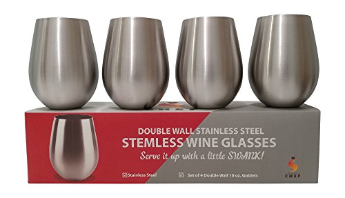 Product Cover Swanky Chef Stainless Steel Stemless Wine Glasses Set of 4-Vacuum Insulated, Double Walled Tumblers-Keeps Hot and Cold Drinks The Right Temperature-Shatterproof And Sweat Proof Goblets