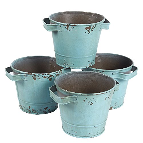 Product Cover 4-Set Vintage Galvanized Planter Buckets - Garden Bucket with Handles, Galvanized Metal Pail, Ideal for Planting, Decoration, Storage, Green, 4.7 x 3.7 inches