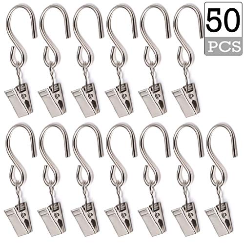 Product Cover 50PCS Curtain Clips with Hooks for Hanging Clamp Hangers Gutter Hooks for Party String Light Outdoor Wire Holders, Stainless Steel Silver