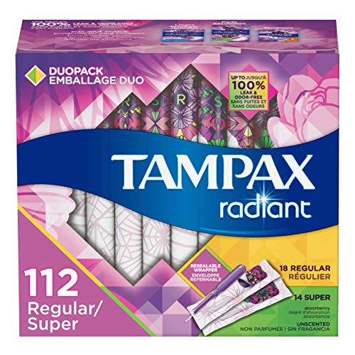 Product Cover Tampax Radiant Plastic Tampons, Regular/Super Absorbency Duopack, 112 Count, Unscented (28 Count, Pack of 4 - 112 Count Total)