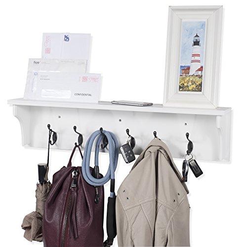 Product Cover Solid Wood Entryway Organization Wall Mountable 30 Inch Coat Rack with 6 Hooks (White)