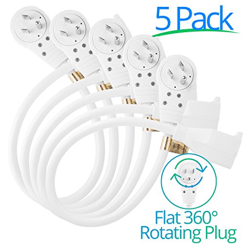 Product Cover Maximm Cable 6-Inch (0.5 Foot) 360° Rotating Flat Plug Extension Cord/Wire, 3 Prong Grounded Wire - 5 Pack - White
